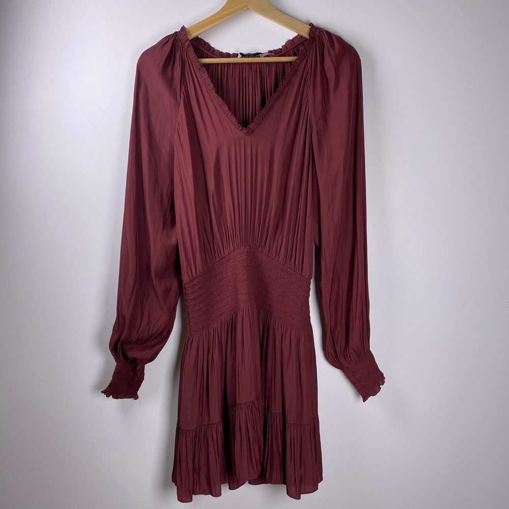 Ramy Brook‎ Mini Dress Womens Medium Burgundy Smocked Waist Pleated Boho Chic
